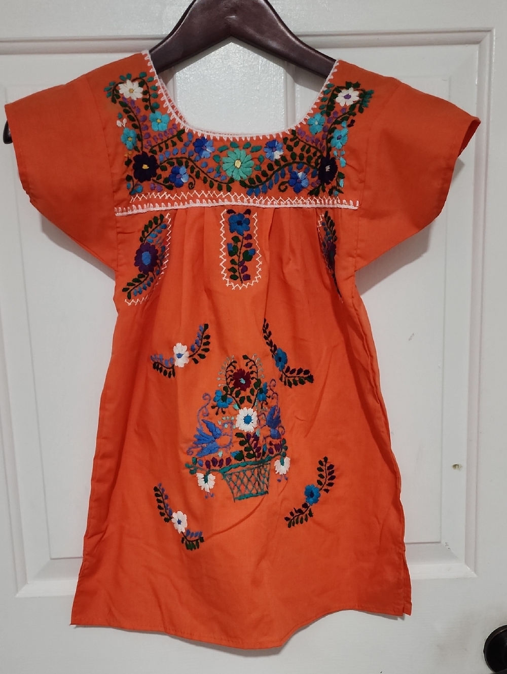 Embroidered Orange Mexican Peasant Dress